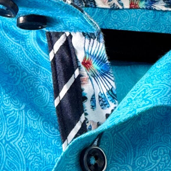 AXXESS Men’s Shirt Large Turquoise Paisley Long Sleeve Button-Up Contrast Collar - Picture 5 of 12